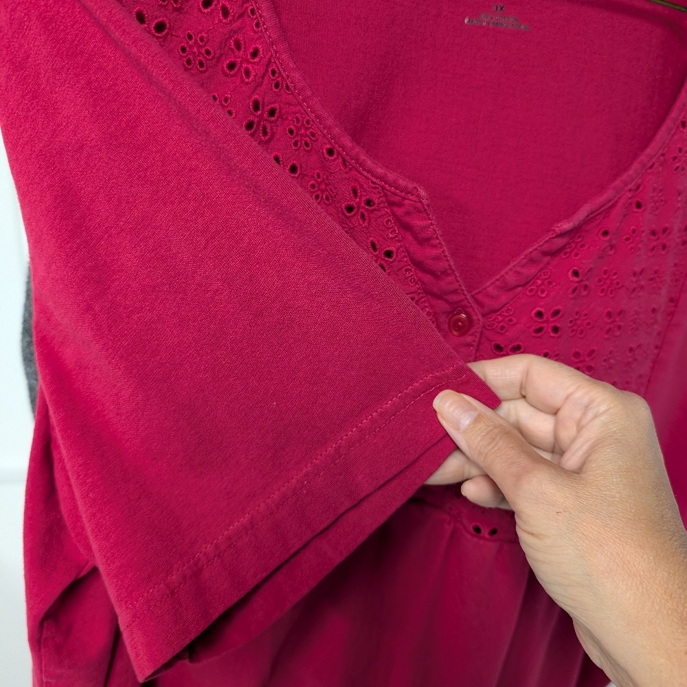 Easy Essentials Eyelet Yoke Red, Woman Plus Size 3X, 100% Cotton Tee - Picture 12 of 12